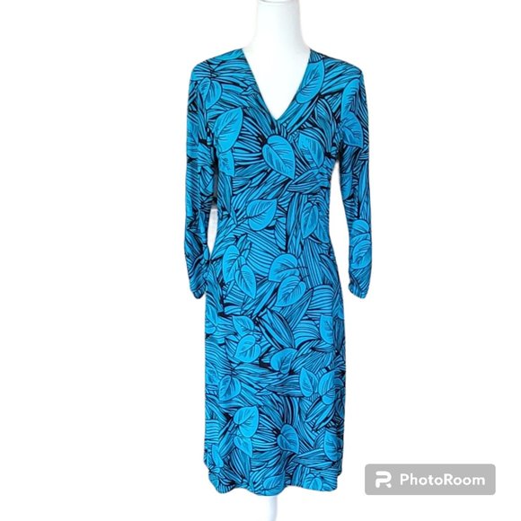 VTG Laura Ashley Turquoise Teal Mocha Brown Jersey Knit Bodycon Midi Dress S/M - Picture 1 of 9